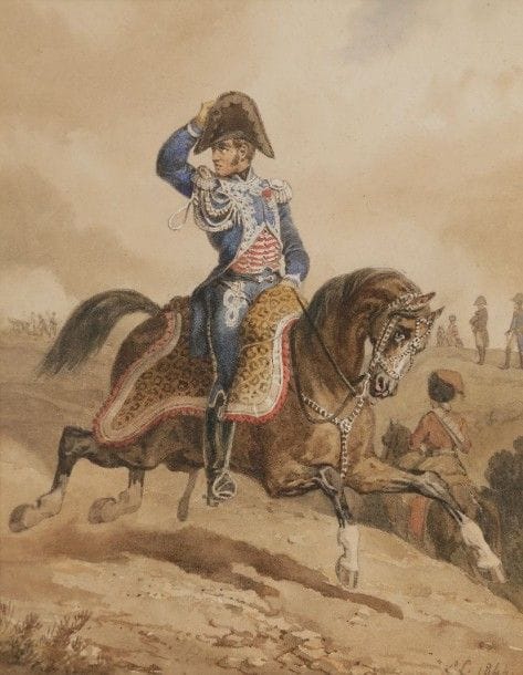 Louis-François LEJEUNE (1775-1848). École française

Portrait de Gourgaud, premier officier d'ordonnance de l'empereur Napoléon Ier
Beau dessin à l'aquarelle et à la plume daté «1844» et monogrammé «L.L» en bas à droite.
15 x 12 cm
Sous-verre. Cadre doré à décor de feuilles de laurier.
B.E.