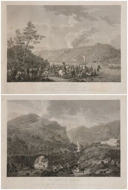 L'ÉVÊQUE (d'après)

The bridge of Saltador, le 16 mai 1809.
Passage of the Douro, le 11 mai 1809.
Deux gravures par FITLER représentant des épisodes de la Guerre d'Espagne entre britanniques et français.
38 x 51 cm
A.B.E. (Petites rousseurs).