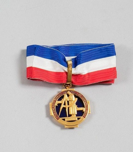France

Insigne de Meilleur ouvrier de France «Honoris Causa».
Bronze doré. Cravate.
Hauteur: 5,3 cm
Dans son écrin.