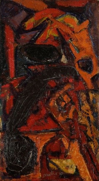 Jean MAILHE (1912-1997)

Fruits de feu, 1967
Huile sur toile.
Signée et datée en bas au milieu.
Signée et titrée au dos sur le chassis.
45x24cm