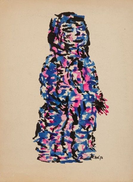 Willy ANTHOONS [belge] (1911-1983)

Personnage, 1972
Encre et aquarelle.
Monogrammée et datée en bas à droite.
Porte le cachet de la signature.
33,5x25cm 
(Petits accidents)