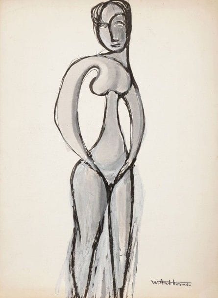 Willy ANTHOONS [belge] (1911-1983)

Femme debout, vers 1947
Encre et gouache.
Porte le cachet de la signature.
36x27cm 
(Petits manques).