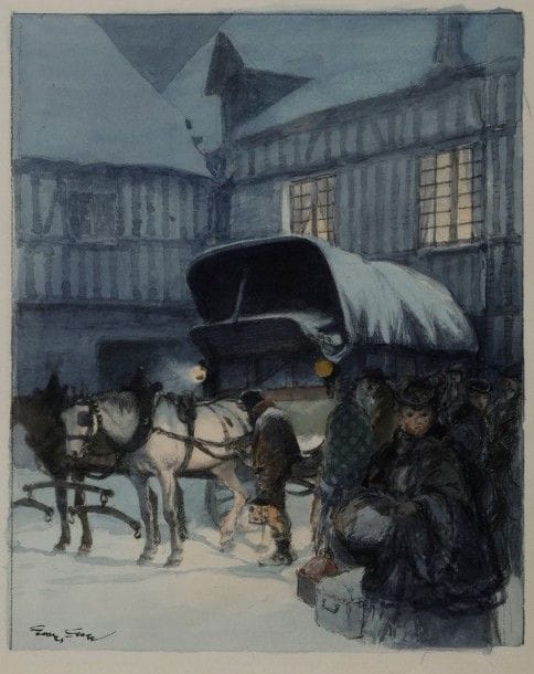 GEORGES BERTIN DIT SCOTT (1873-1942)

Le Départ du fiacre
Aquarelle.
Signée en bas à gauche.
30 x 23 cm
Bibliographie:
Guy de Maupassant, Boule de Suif, éditions Les Bibliophiles du Faubourg et du Papier, Paris, 1947, reproduit.