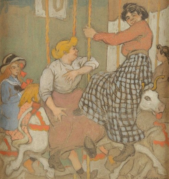 Maud Hunt SQUIRE (1873 - c. 1955)

Vaches (femmes au manège), vers 1906-1912
Gouache, lavis et fusain sur vergé (« papier boucherie ») contrecollé sur carton.
Signée en bas à droite.
Annotée « Vaches / M. Squire / 39 Bd St Jacques » au verso à la mine de plomb.
36 x 34,5 cm

Provenance:
Collection particulière, Saint-Germain-en-Laye.