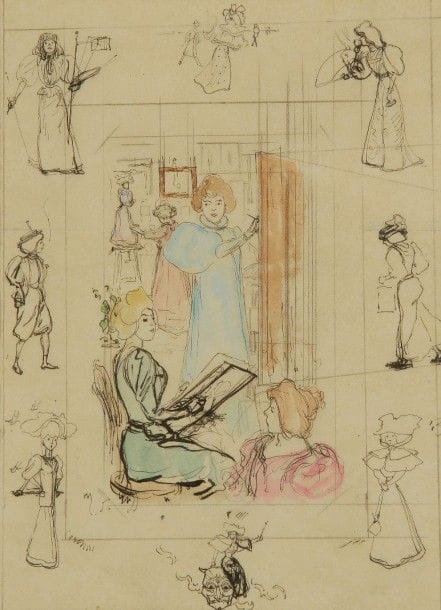 François-Clément SOMMIER, dit Henry SOMM (1844-1907)

L’Atelier d’une femme peintre
Dessin à la plume, aquarelle et gouache.
Monogrammé à la plume en bas à gauche.
18,5 x 13,5 cm