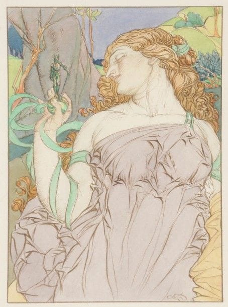 Alfred Garth JONES (1872-1930)

Jeune femme tenant une statuette
Aquarelle, traits de plume et encre sépia sur vélin blanc fort.
Monogrammé en pied.
25 x 18,5 cm