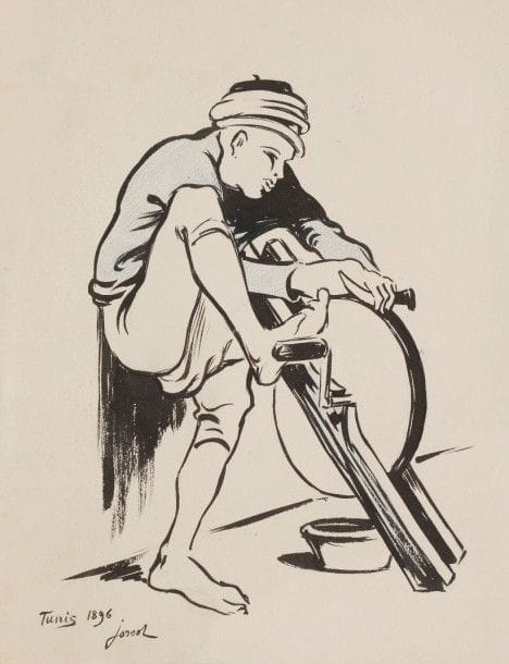 Henri JOSSOT (1866-1951)

Affûteur de couteaux tunisien, 1896
Dessin à l’encre de Chine et au crayon bleu sur vélin.
Localisé « Tunis », daté « 1896 » et signé en bas à gauche.
25,5 x 19,7 cm
