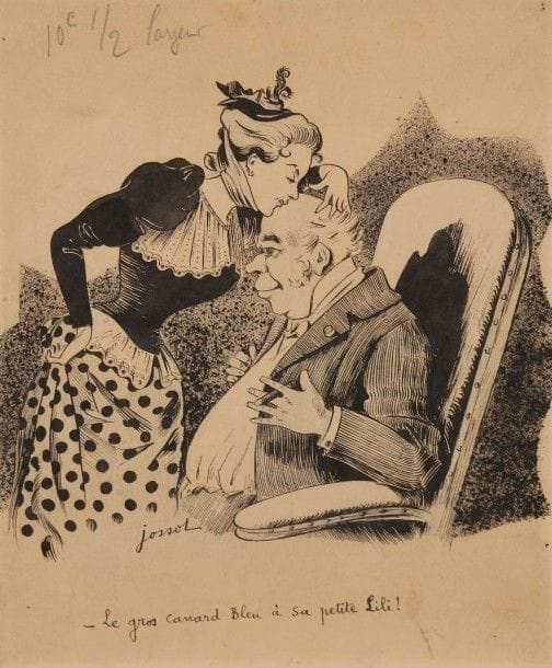 Henri JOSSOT (1866-1951)

Le gros canard bleu à sa petite Lili !
Dessin de presse. Encre de Chine, plume et crachis sur vélin crème.
Signé et légendé. Annotation à la mine de plomb en tête en vue de la réduction photomécanique.
(Oxydation du feuillet. Restes d’adhésif oxydés dans les angles au verso).
26 x 18,8 cm