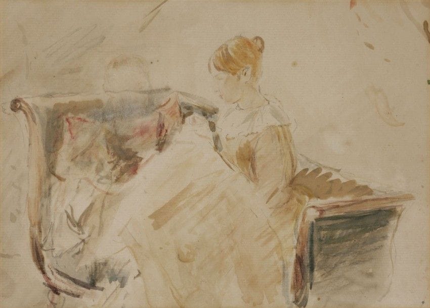Berthe MORISOT (1841-1895)

La Broderie, 1889
Aquarelle.
17 x 23 cm

Exposition:
- Berthe Morisot, pastels, aquarelles et dessins, Galerie L. Dru, Levallois, 1926, n°71.
- Berthe Morisot, Musée de l’Orangerie, 1941, n°204.
- Berthe Morisot, Galerie Motte, Genève, 1951.

Bibliographie:
M.-L. Bataille, G. Wildenstein, Berthe Morisot, Catalogue des peintures, pastels et aquarelles, édition Les Beaux-Arts, Paris, 1961, n°784 et reproduit sous la référence fig. 751.

Notre œuvre est une étude préparatoire au tableau La Broderie représentant Alice Gamby et Julie Manet dans le salon de la rue de Villejust. (Bataille n°246, Fig. 265).
Le dessin préparatoire est conservé au Musée d’Orsay.
