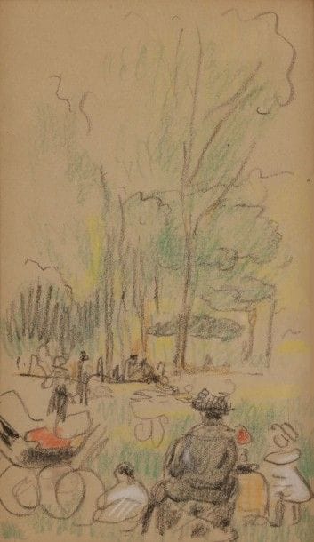 Henri Edmond CROSS (1856-1910)

Au jardin
Dessin aux crayons de couleurs.
Titrée au dos sur une étiquette d’exposition.
17 x 10 cm

Provenance:
Galerie Romanet, Paris (étiquette au dos).

Notre dessin est une étude préparatoire au tableau Le Ranelagh (voir Isabelle Compin, Henri-Edmond Cross, Paris, 1964, n°78).

Nous remercions Monsieur Patrick Offenstadt pour les informations qu’il nous a transmises.