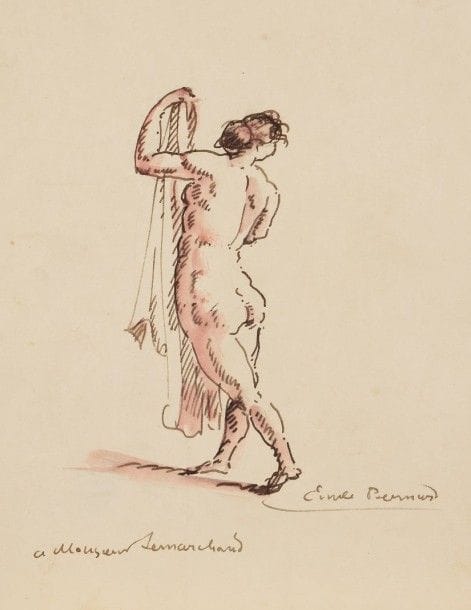Emile BERNARD (1868-1941)

Femme nue de dos
Dessin à l’encre et aquarelle.
Signé en bas à droite. Dédicacé en bas à gauche « a Monsieur Lemarchand ».
25 x 19,5 cm