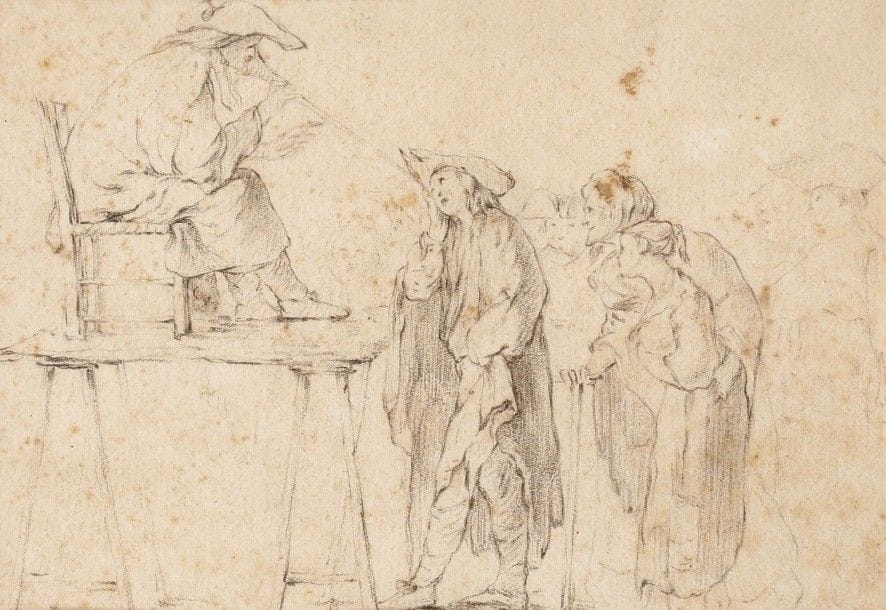 Attribué à Noël HALLé (Paris 1711-1781)

Le Médecin charlatan et son patient
Crayon noir.
(Petites taches).
9,8 x 14,2 cm