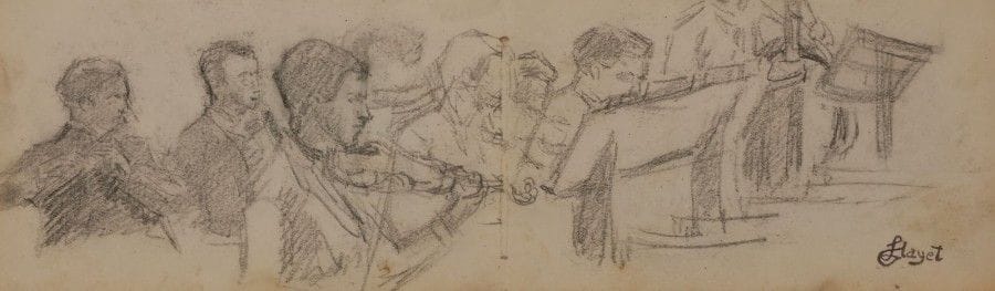 Louis HAYET (1864-1940)

Musiciens
Dessin à la mine de plomb.
Porte le timbre de la signature en bas à droite.
(Pli du carnet et trous).
9,5 x 31,5 cm