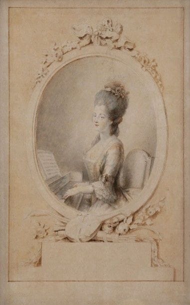 École FRANÇAISE du XVIIIe siècle

Portrait de femme au clavecin dans un encadrement dessiné
Aquarelle sur traits de crayon noir et de sanguine.
21,5 x 15,5 cm