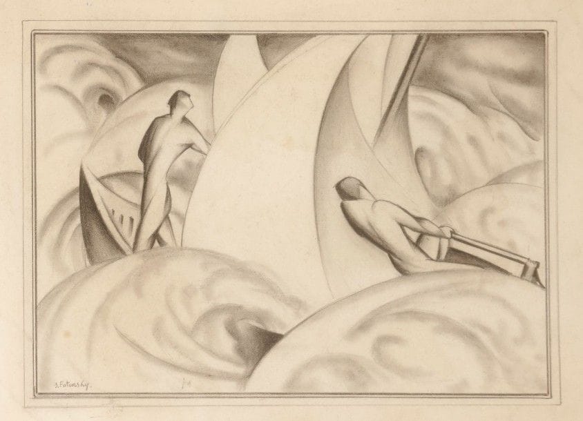 Serge FOTINSKY [ukrainien] (1887-1971)

Deux hommes en barque (projet d’illustration), vers 1930
Dessin à la mine de plomb sur vélin collé sur carton gris.
Signé dans le sujet en bas à gauche.
22,8 x 29,5 cm