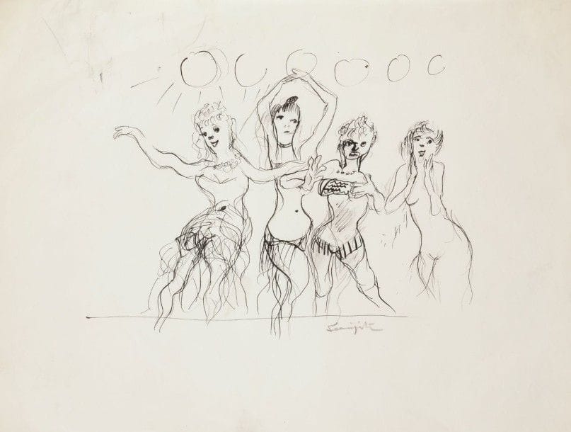Léonard-Tsuguharu FOUJITA (1886-1968)

Kiki de Montparnasse et danseuses au club Le Jockey, vers 1923
Dessin à la plume et à l’encre de Chine sur traits de mine de plomb sur vélin mince.
Signé en pied au crayon.
25,8 x 34 cm
Provenance:
Succession Kimiyo Foujita, vente 29 octobre 2013.
Un certificat de la maison de ventes Cornette de Saint-Cyr sera remis à l’acquéreur.