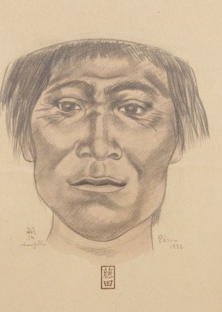 Léonard-Tsuguharu FOUJITA (1886-1968)

Portrait d’homme (Indien du Pérou), 1932
Dessin à la mine de plomb et aquarelle sur vélin fort beige.
Signé en idéogrammes et en caractères européens à gauche, daté et situé « Péru » à droite.
Timbre japonais en bas au centre.
(Double pli horizontal médian; légères traces de plis épars).
37 x 25,8 cm

Provenance:
Succession Kimiyo Foujita, vente du 29 octobre 2013.

En décembre 1931, Foujita quitta Paris, abandonnant Youki qui s’était éprise de Robert Desnos. Il partit avec son modèle Madeleine, dite Mady, Dormans, pour un périple à travers le Brésil, l’Argentine, la Colombie, le Pérou, le Mexique et la Californie.
Un certificat de la maison de ventes Cornette de Saint-Cyr sera remis à l’acquéreur.