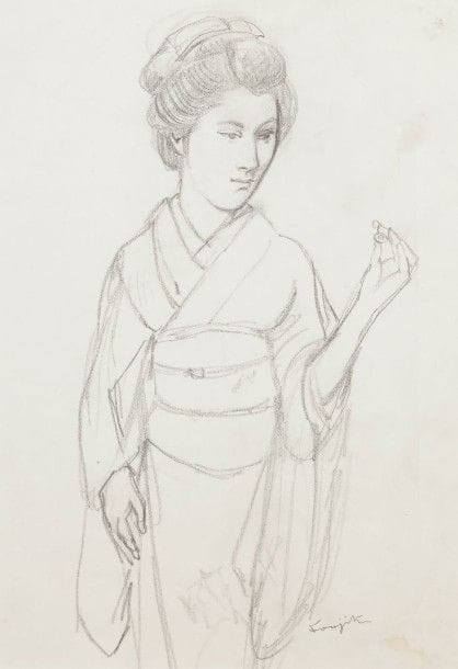 Léonard-Tsuguharu FOUJITA (1886-1968)

Madame Butterfly, vers 1951
Dessin à la mine de plomb sur vélin mince.
Signé à la plume et à l’encre en bas à droite.
(Pli vertical au bord droit. Petite auréole claire d’humidité en pied).
34,2 x 22,7 cm

Provenance:
Succession Kimiyo Foujita, vente du 9 décembre 2013.
Foujita dessina les costumes et les décors pour l’opéra de Puccini en 1951. Il en composa les tissus, qu’il teignit lui-même. (Cf. Yôko Hayashi-Hibino, « Foujita, dessinateur de costumes de théâtre », Ebisu, 2003, vol. 31, n°1,
pp. 177-180.)
Un certificat de la maison de ventes Cornette de Saint-Cyr sera remis à l’acquéreur.