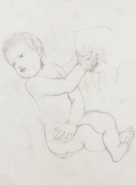 Léonard-Tsuguharu FOUJITA (1886-1968)

L’Enfant, vers 1950-1951
Dessin à la mine de plomb sur papier calque.
Signé au stylo-bille bleu en pied.
25 x 33 cm
Provenance:
Succession Kimiyo Foujita, vente 8 décembre 2013.
Dessin à rapprocher des études de femmes et enfants des années 1950-1951 (notamment Buisson 51-31).
Un certificat de la maison de ventes Cornette de Saint-Cyr sera remis à l’acquéreur.