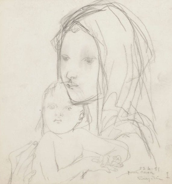 Leonard Tsuguharu FOUJITA (1886-1968)

Mère et son enfant, 1951
Dessin à la mine de plomb et estompe sur papier calque.
Daté « 23.4.51 », annoté « pour Casa » et signé en idéogrammes et en caractères européens en bas à droite.
21,2 x 19,9 cm

Provenance:
Succession Kimiyo Foujita, vente du 29 octobre 2013.
Dessin préparatoire à rapprocher des œuvres de la même période, notamment l’huile sur toile Femme et enfant (Buisson 51.182).
Un certificat de la maison de ventes Cornette de Saint-Cyr sera remis à l’acquéreur.