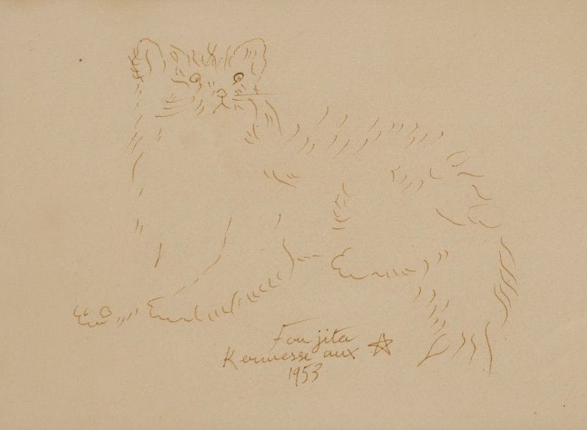 Leonard Tsuguharu FOUJITA (1886-1968)

Chat, 1953
Dessin à l’encre.
Signé et daté en bas au centre.
18 x 24 cm

Dessin pour la « Kermesse aux étoiles » (œuvre caritative organisée par de nombreux artistes et vedettes au profit d’œuvres sociales).

Un certificat de Madame Sylvie Buisson sera remis à l’acquéreur.