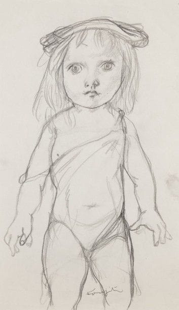 Léonard-Tsuguharu FOUJITA (1886-1968)

Petit enfant dénudé, vers 1950-1960
Dessin à la mine de plomb et estompe sur vélin mince.
Signé à la plume et à l’encre en pied.
27,5 x 16,1 cm

Provenance:
Succession Kimiyo Foujita, vente du 28 octobre 2013.

Un certificat de la maison de ventes Cornette de Saint-Cyr sera remis à l’acquéreur.