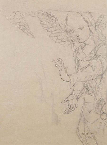 Léonard-Tsuguharu FOUJITA (1886-1968)

L’Ange, 1959
Dessin à la mine de plomb et estompe sur papier calque.
Signé et daté « 18.11.59 » en bas à droite.
49 x 37,2 cm

Provenance:
Succession Kimiyo Foujita, vente 8 décembre 2013.

Dessin préparatoire à l’huile sur toile Descente de Croix, 1959 (Buisson 59.35), pour la figure de l’ange en haut à droite.

Un certificat de la maison de ventes Cornette de Saint-Cyr sera remis à l’acquéreur.