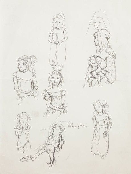 Léonard-Tsuguharu FOUJITA (1886-1968)

Enfants, feuille d’études, vers 1959-1960
Dessin à la plume et à l’encre de Chine sur vélin mince.
Signé dans la composition.
25,5 x 19,5 cm

Provenance:
Succession Kimiyo Foujita, vente du 9 décembre 2013.

La figure de la Vierge avec l’Enfant est à rapprocher d’une huile de 1960, Madone, fond doré (Buisson 60.38) et d’une autre Madone de 1961 (Buisson 61.27). Les autres figures d’enfants isolées se retrouvent dans des dessins très proches de 1959 (Buisson 59.82 à 59.85).

Un certificat de la maison de ventes Cornette de Saint-Cyr sera remis à l’acquéreur.