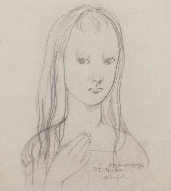 Léonard-Tsuguharu FOUJITA (1886-1968)

Jeune fille, 1960
Dessin à la mine de plomb sur papier calque gris.
Annoté « après voyage », daté « 22.4.60 » et signé en bas à droite.
20,7 x 18,6 cm

Provenance:
Succession Kimiyo Foujita, vente 9 décembre 2013.

Un certificat de la maison de ventes Cornette de Saint-Cyr sera remis à l’acquéreur.