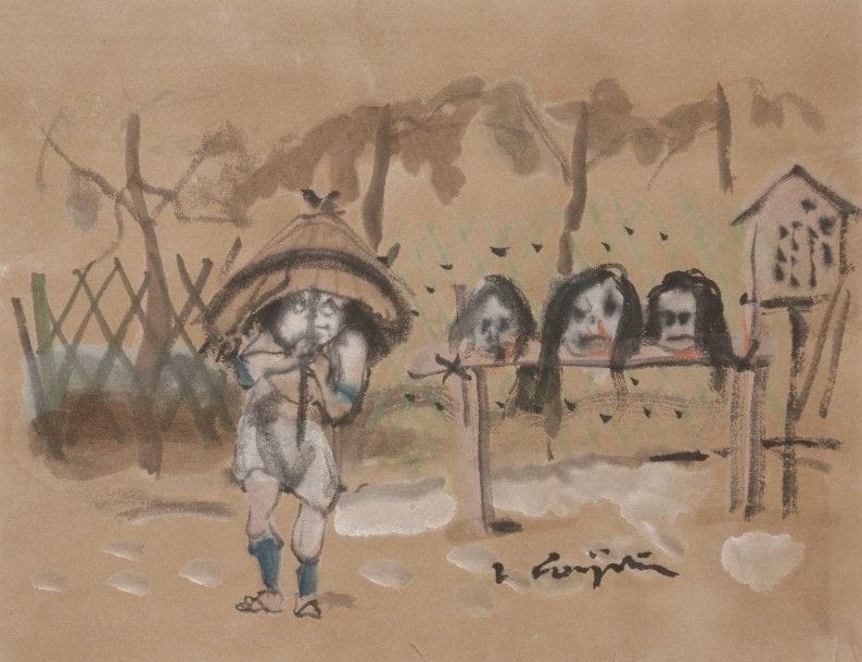 Léonard-Tsuguharu FOUJITA (1886-1968)

Le Parapluie
Dessin au pinceau et à l’encre, aquarelle et rehauts de gouache sur vélin brun.
Signé en bas à droite.
22,7 x 27,6 cm

Provenance:
Succession Kimiyo Foujita, vente du 29 octobre 2013.

Un certificat de la maison de ventes Cornette de Saint-Cyr sera remis à l’acquéreur.