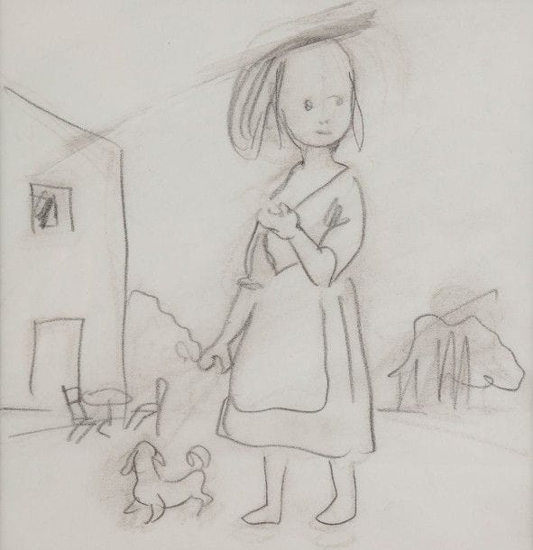 Léonard-Tsuguharu FOUJITA (1886-1968)

Fillette au chien, vers 1963
Dessin à la mine de plomb sur vélin blanc.
18,5 x 17,5 cm
Provenance:
Succession Kimiyo Foujita, vente du 28 octobre 2013.

Étude préparatoire à la lithographie en couleurs de 1963, La Jeune fille au pain (Buisson 63.23).