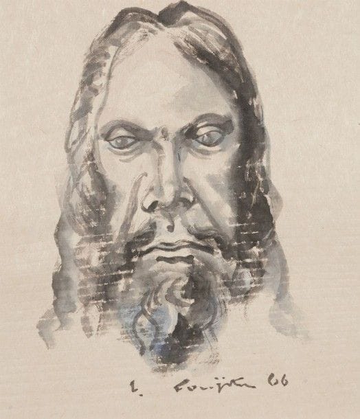 Léonard-Tsuguharu FOUJITA (1886-1968)

Christ, 1966
Dessin à l’encre de Chine, lavis d’encre et aquarelle sur japon fort.
Signé et daté en pied.
27,2 x 23,7 cm

Provenance:
Succession Kimiyo Foujita, vente du 8 décembre 2013.

Dessin à rapprocher des autres têtes de Christ de 1966 (Buisson 66.13, 66.16 et 66.31) dont certaines devaient servir à des impressions sur carrés de soie pour la maison Mumm comme cadeaux de prestige mais ne furent finalement pas utilisés.
Un certificat de la maison de ventes Cornette de Saint-Cyr sera remis à l’acquéreur.