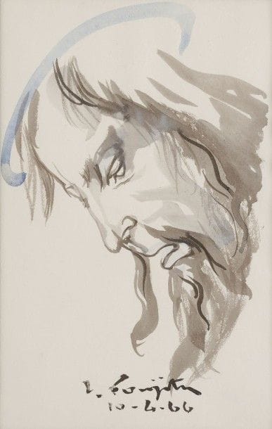 Léonard-Tsuguharu FOUJITA (1886-1968)

Christ, 1966
Dessin au pinceau et à l’encre de Chine avec lavis et trait d’aquarelle bleue sur vélin.
Signé en pied puis daté « 10.4.66 ».
18 x 11 cm

Provenance:
Succession Kimiyo Foujita, vente du 28 octobre 2013.

Étude pour le décor de la chapelle Notre-Dame de la Paix à Reims. Dessin à rapprocher des sujets similaires de têtes de Christ réalisés la même année (Buisson 66.09, 66.16 et 66.31).