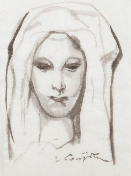 Léonard-Tsuguharu FOUJITA

La Femme au voile, vers 1966
Dessin au pinceau, à l’encre de Chine et au lavis sur japon pelure.
Signé en pied.
27,2 x 23,8 cm

Provenance:
Succession Kimiyo Foujita, vente du 8 décembre 2013.
Dessin proche d’autres études de la même année (voir le Christ, n°243).

Un certificat de la maison de ventes Cornette de Saint-Cyr sera remis à l’acquéreur.