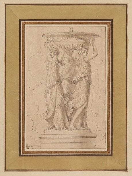 Louis-Félix de LA RUE (Paris 1720-1765)

Fontaine aux trois naïades
Plume et encre noire, lavis gris.
(Collé en plein sur un montage ancien).
15,8 x 10,2 cm
Provenance:
Ancienne collection du Marquis de Chennevièves, son cachet en bas à gauche (Lugt 2072).