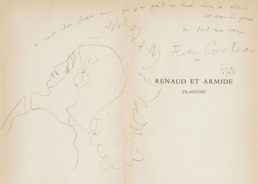 Jean COCTEAU (1889-1963)

Renaud et Armide, 1947
Dessin à l’encre.
Signé, daté et dédicacé en haut à droite.
16,5 x 21,5 cm

Nous remercions Madame Annie Guédras d’avoir confirmé l’authenticité de cette œuvre.