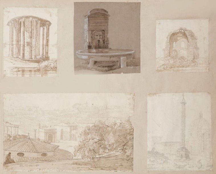 École Française du XIXe siècle

Album de voyage en Italie, 1814-1815
Comprenant 394 dessins.
Reliure aux armes comtales de M. de Brehiet.
Recueil de paysages fait en Italie en 1814 et 1815, exécutés à la plume, au crayon, au lavis et annotés et situés par l’artiste.
Dessins collés sur les pages de l’album.
(État d’usage).
56 x 71,5 cm