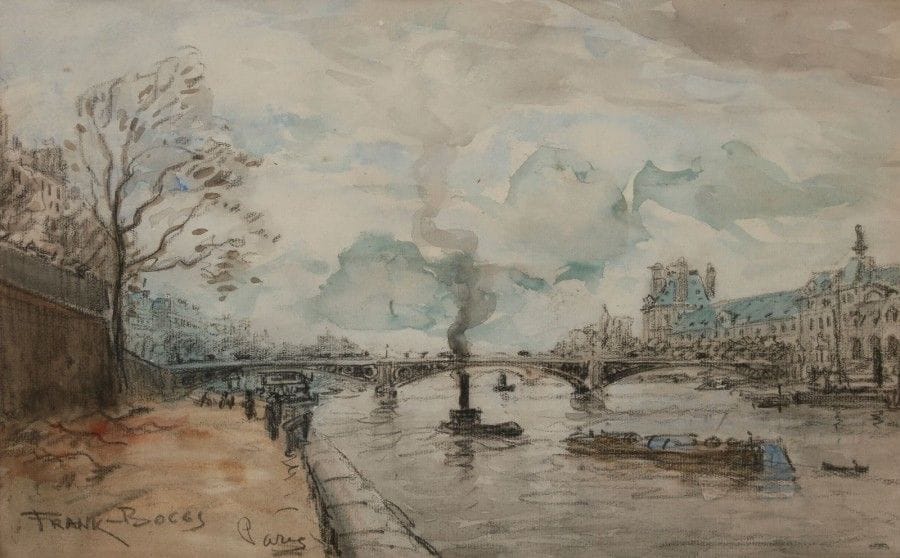 Frank Myers BOGGS (1855-1926)

Paris, le Louvre et le Pont des Arts
Dessin au fusain et aquarelle.
Signé en bas à gauche.
24,5 x 38 cm