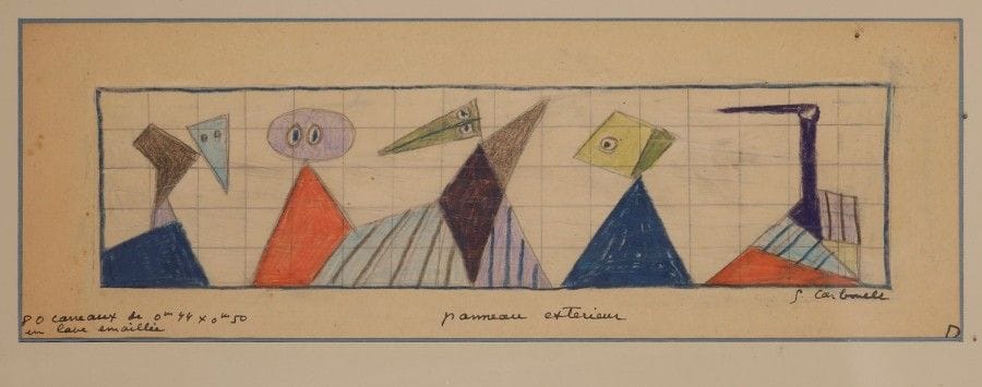 Guidette CARBONNELL (1910-2008)

Étude de fresque en céramique
Pastel gras.
Signé et annoté.
17,5 x 47,5 cm