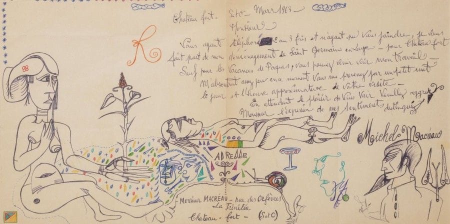 Michel MACRÉAU (1935-1995)

Château fort, 1963
Dessin au stylo et crayon de couleurs.
Signé, daté et longuement annoté.
(Pli central de la feuille d’origine).
25,5 x 49,5 cm