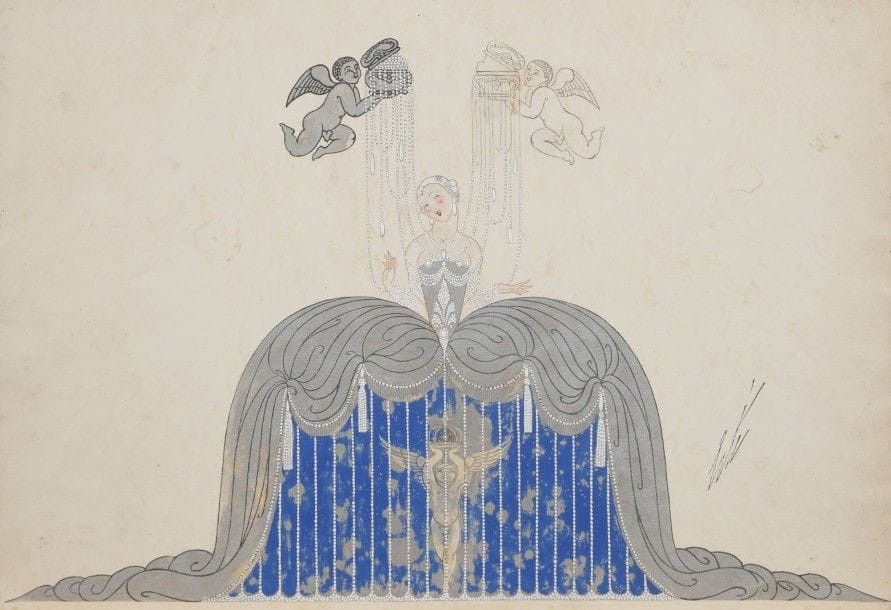 Romain de Tirtoff ERTE (1892-1990)

Le Triomphe de la femme, La Dubarry, 1926
Gouache.
Porte le tampon de la signature de l’artiste ?
Tampons au dos.
1er exemplaire terminé chez Weldy pour la revue George White’s Scandals.
28 x 38,5 cm