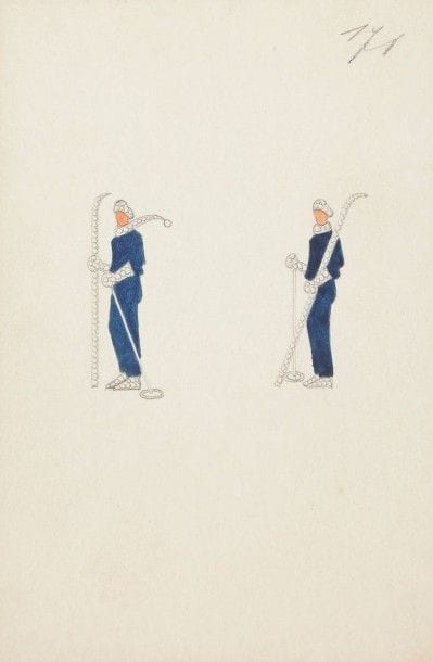 MARCUS & COMPANY

Sports: Tennis; Ski; Golf (projets de bijoux pour Van Cleef & Arpel)
4 dessins à la mine de plomb et gouache.
Tampon Marcus & Company au dos.
14,5 x 9 cm chaque