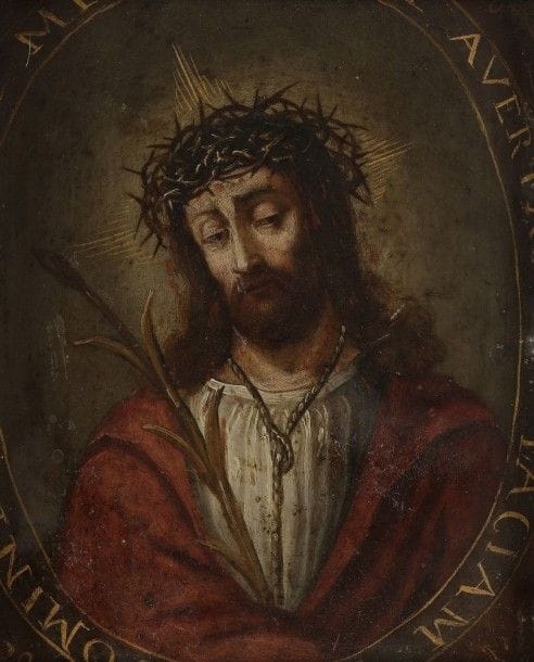 École Flamande du XVIIe siècle
Le Christ au roseau
Cuivre, rehauts d'or
18 x 14,5 cm
Manques