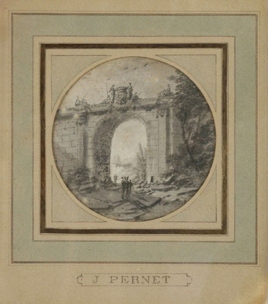 Attribué à J. PERNET
Soldat franchissant une porte.
Encre et lavis en tondo.
D.: 7,5 cm