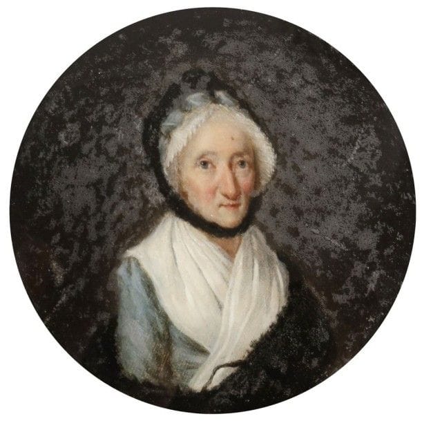 Marguerite GERARD (Grasse, 1761 - Paris, 1837)
Femme âgée au bonnet bordé de dentelle, fichu sur sa robe bleue, châle noir
Fixé sous verre fin XVIIIe siècle, diam. 7,2 cm
Nombreux décollements. Sans cadre.
- On y joint un cadre en bois doré du XIXe siècle, rect. 14,5 x 15,5 cm, visière ovale à vue 6,5x 5,2 cm (manques)