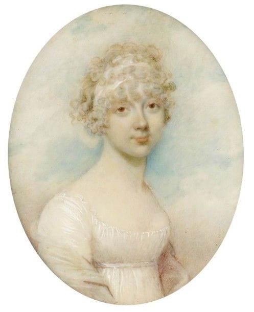 Entourage de Richard COSWAY (1742-1821)
Jeune Femme blonde en robe blanche et châle sur fond de ciel
Miniature sur ivoire, vers 1810, ovale, 6,2 x 5,1 cm
(légèrement insolée)
Cerclée de laiton, dans un écrin de présentation en maroquin vert, dorure au petit fer, rect. 8,7 x 7 cm