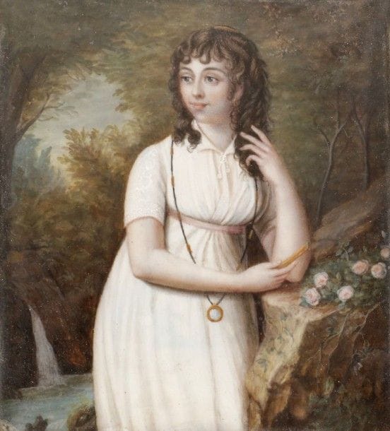 École française du début du XIXe siècle
Jeune femme rêveuse dans un paysage, près d'une source
Portrait aux trois-quarts les deux mains visibles, tenant une miniature.
Miniature rectangulaire sur ivoire (oxydations).
Cadre restangulaire en laiton par Mme Juliette GALAND, encadrements artistiques, 21 rue Montaigne (son étiquette au verso)