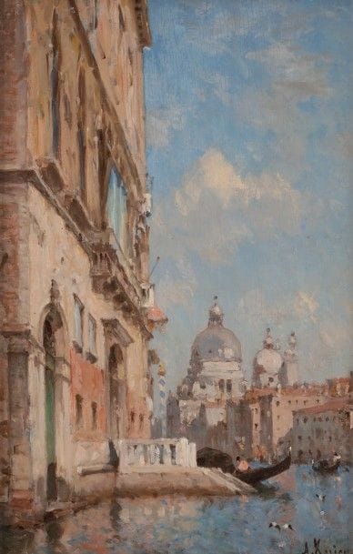 Amédée ROSIER (1831-1898)
Venise, la Salute
Huile sur panneau double-face.
Signée en bas à droite.
Deux paysages au dos.
41 x 27 cm