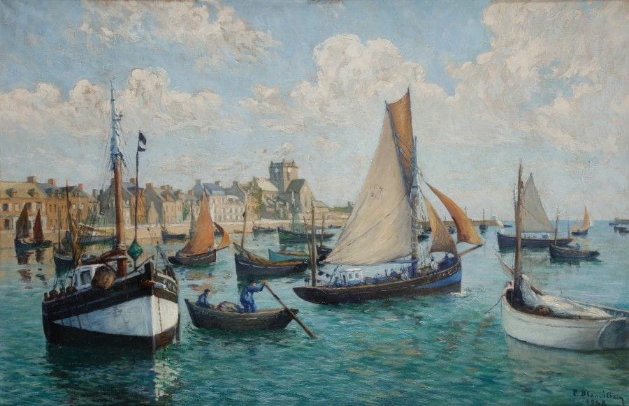 Paul BLANVILLAIN (1891-1965)
Bateaux dans le port de Barfleur, 1948
Huile sur toile.
Signée et datée en bas à droite.
60 x 92 cm