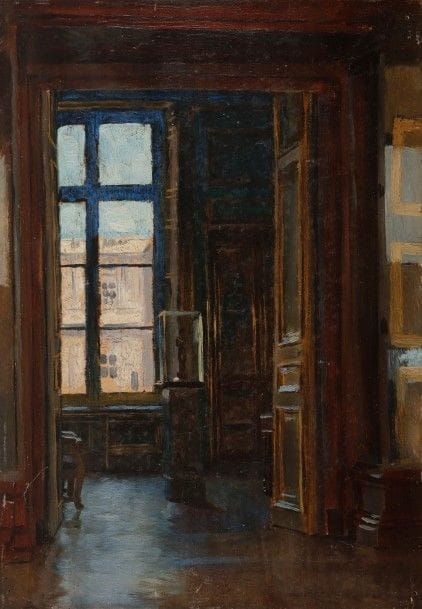 Georges LEROUX (1877-1956)
Au Louvre
Huile sur panneau.
Signée en bas à droite (légèrement effacée).
(Petite griffure).
33 x 23.5 cm